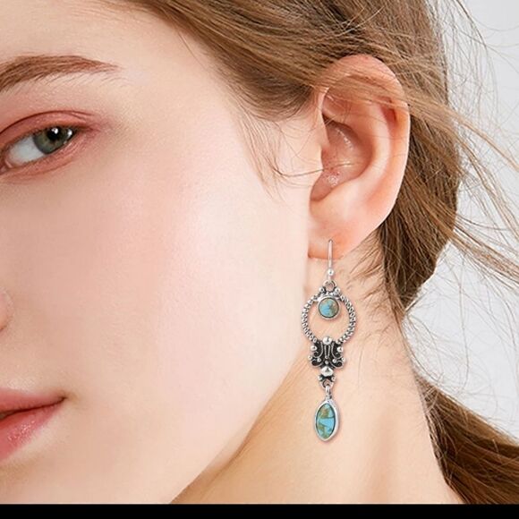 FAUX Turquoise French Hook Dangle Earrings - Picture 2 of 7